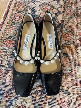 Jimmy Choo Black Patent Leather Pumps with Pearl Strap
